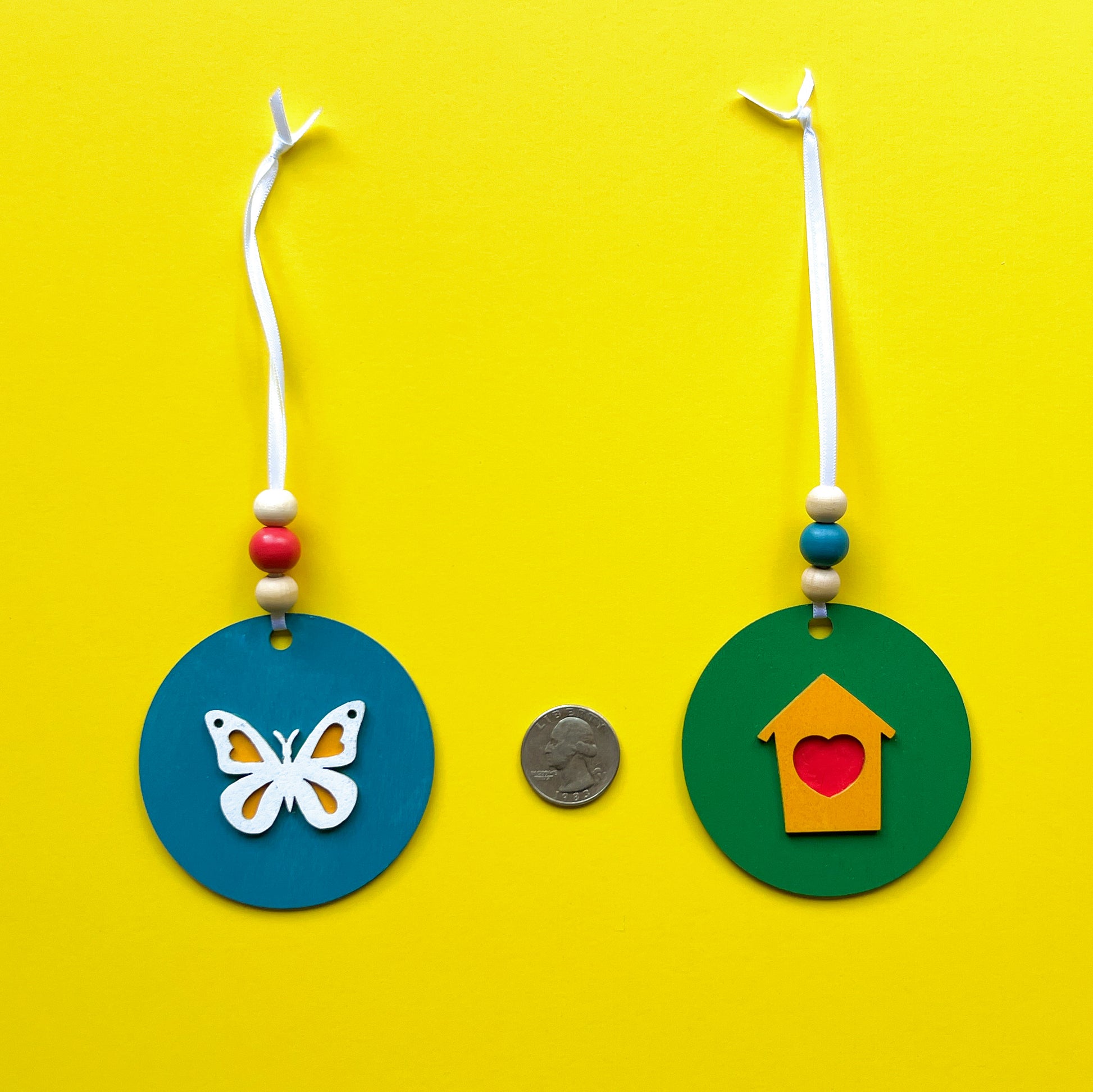 In the Garden Ornament Set. Three ornaments featuring a bird, birdhouse, butterfly. Year-round holiday tree, spring decor or gift.