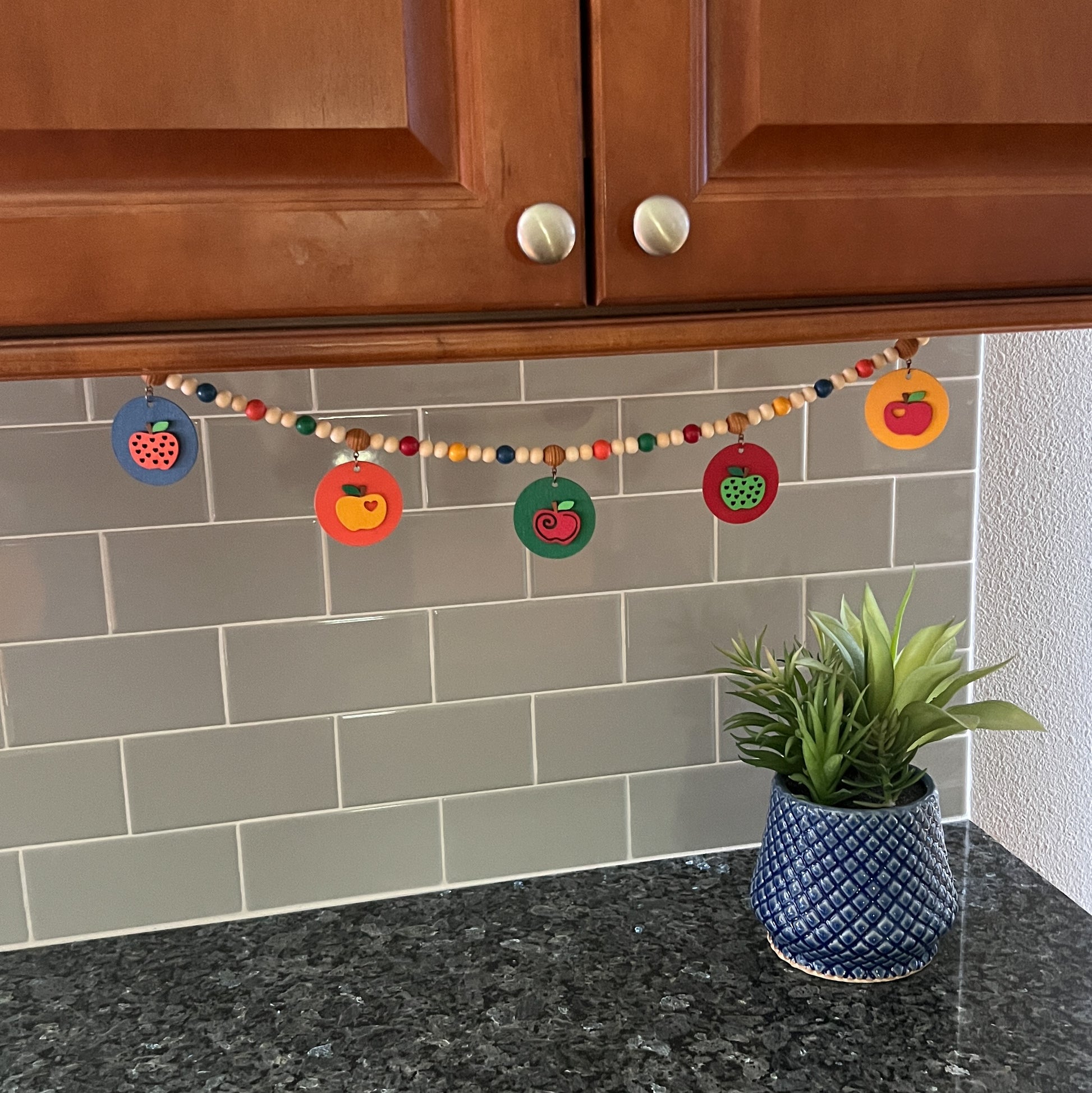 Little Apple Orchard Handmade Mini Garland. Features five apples on round circles. Fall, autumn, harvest decor or gifts.