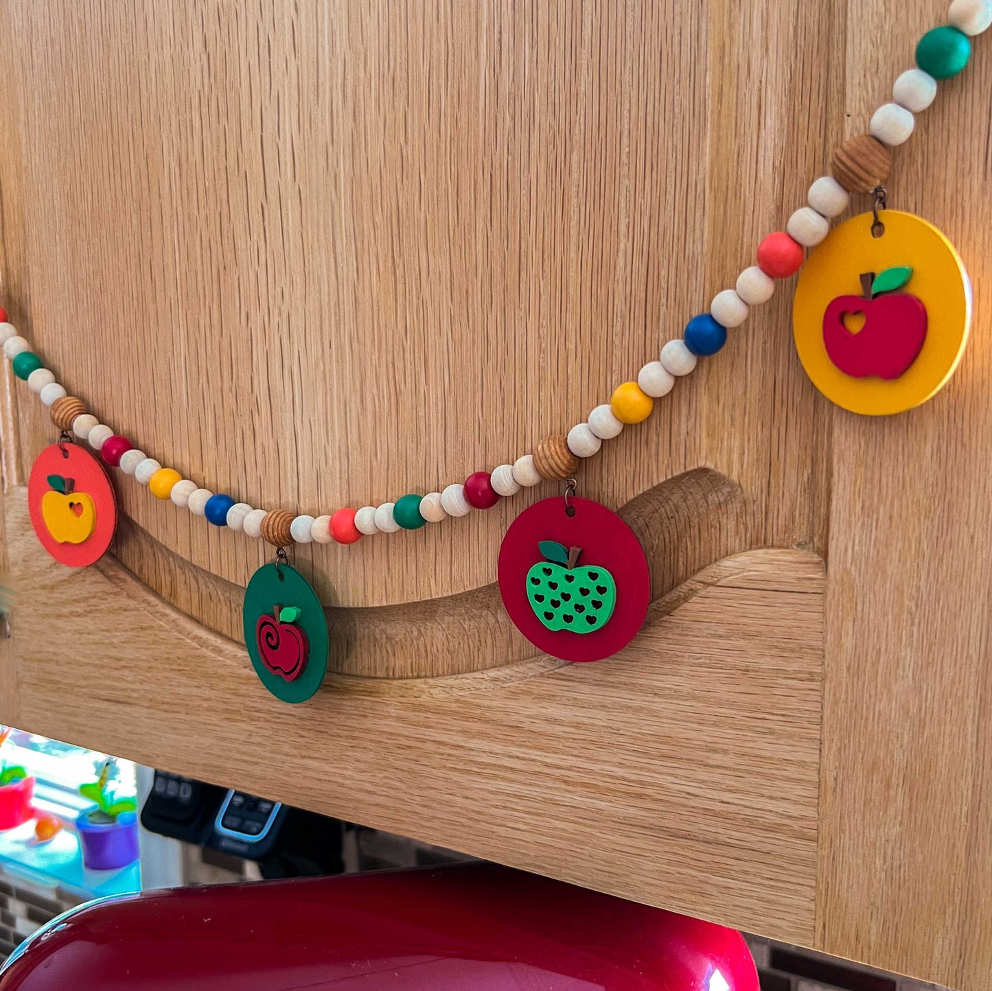 Little Apple Orchard Handmade Mini Garland. Features five apples on round circles. Fall, autumn, harvest decor or gifts.