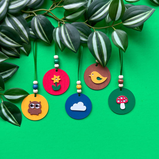 Little Nature Walk Handmade Ornament Set of 5. Ornaments feature feature nature themed shapes - a cloud, a flower, an owl, a toadstool, or a bird. Summer or spring decor; tree decoration.