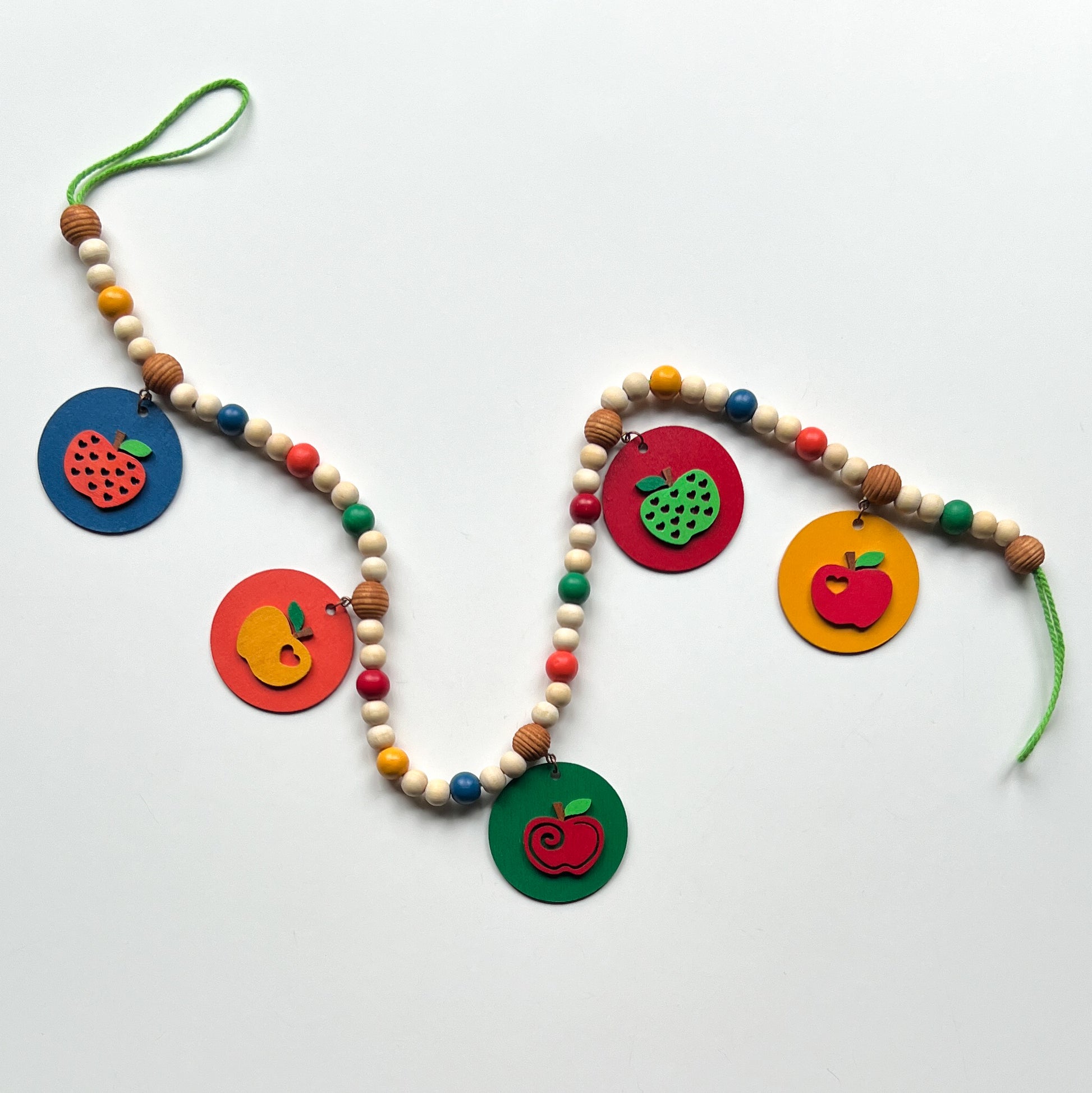 Little Apple Orchard Handmade Mini Garland. Features five apples on round circles. Fall, autumn, harvest decor or gifts.