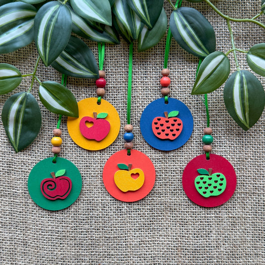 Little Apple Orchard Handmade Ornaments set of 5. Features five apples on round circles. Fall, autumn, harvest decor or gifts.