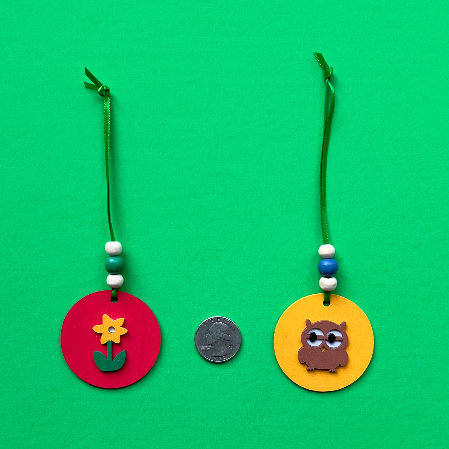 Little Nature Walk Handmade Ornament Set of 5. Ornaments feature feature nature themed shapes - a cloud, a flower, an owl, a toadstool, or a bird. Summer or spring decor; tree decoration.