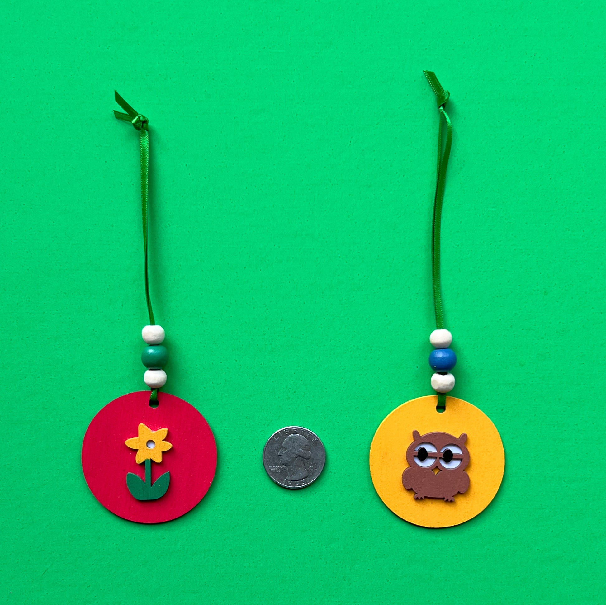 Little Nature Walk Handmade Ornament Set of 5. Ornaments feature  feature nature themed shapes - a cloud, a flower, an owl, a toadstool, or a bird.  Summer or spring decor; tree decoration.