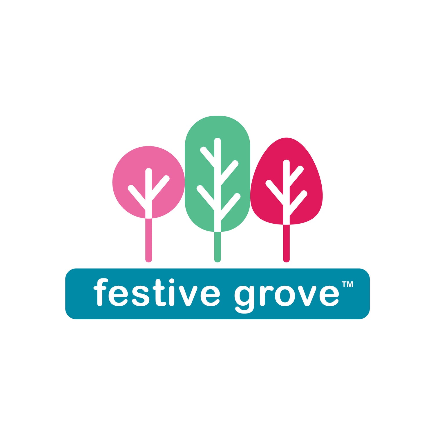 Festive Grove logo featuring three graphic trees in pink, green, or pinkish red. Festive Grove text is white, with a blue bar behind it.