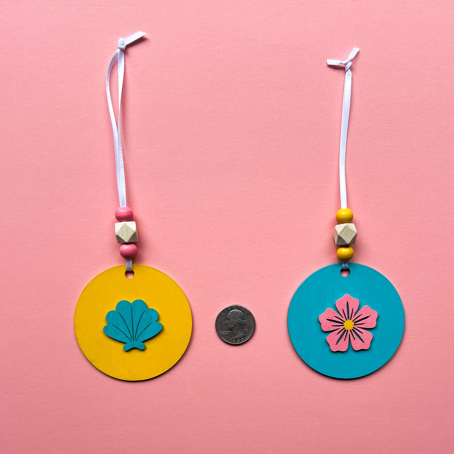 Summer Vacay Ornament Tropical Set. Wood ornaments with a pineapple, a flower, or a shell. Summer tropical decor or gift; year-round holiday tree decoration.