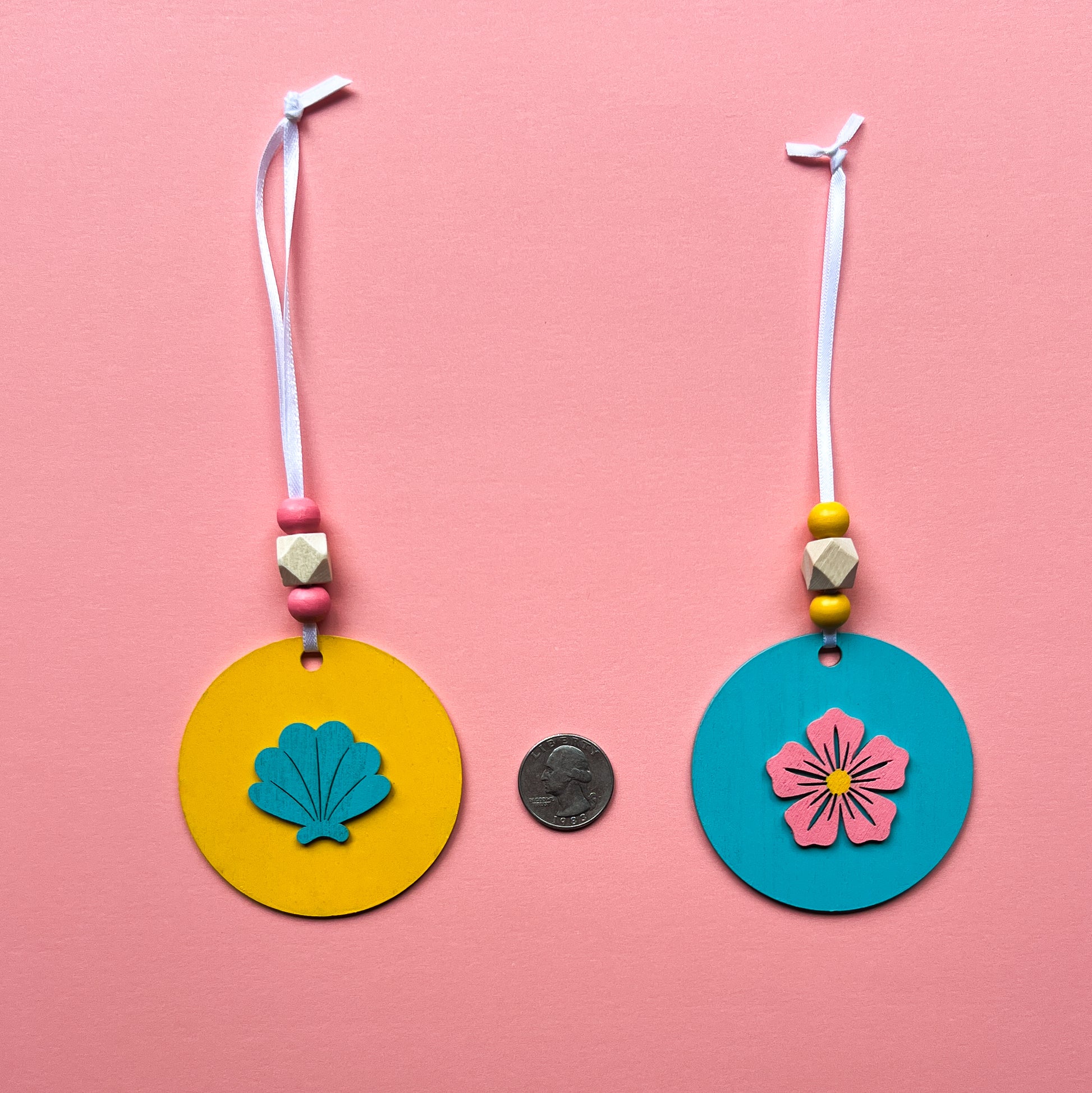 Summer Vacay Ornament Tropical Set. Wood ornaments with a pineapple, a flower, or a shell. Summer tropical decor or gift; year-round holiday tree decoration.