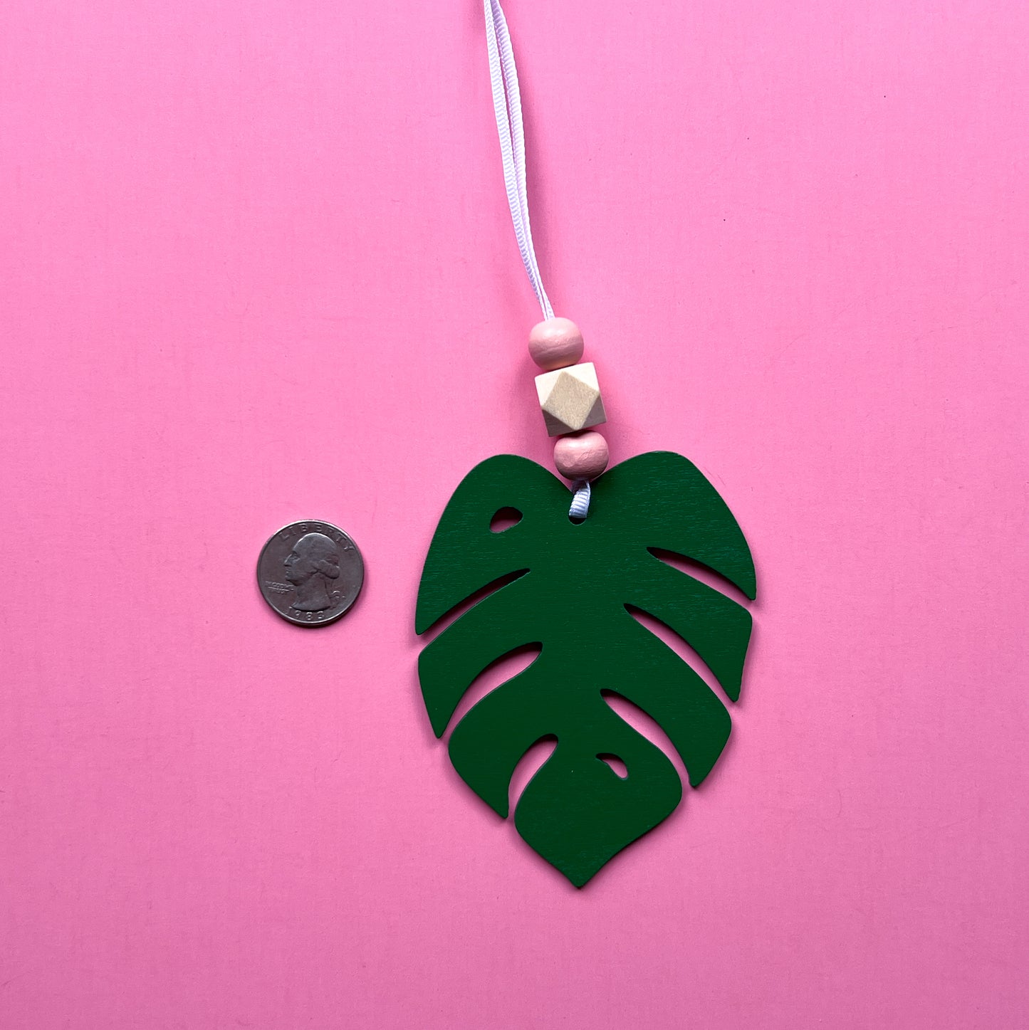 Tropical Breeze Handmade Ornament Set of 3. Wood monstera leaf ornaments with wood beads. Summer, tropical themed home decor and gifts.