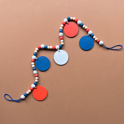 Calm Little Seas Handmade Mini Garland. Features wood circles with a fish, sailboat, anchor, lighthouse, whale. Summer nautical beachy decor or gfits.