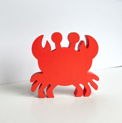 Cory the Crab Handmade Standee. Small wood crab painted orange red. Wood decor for summer themed tiered trays, mantles, bookcases, gifts.