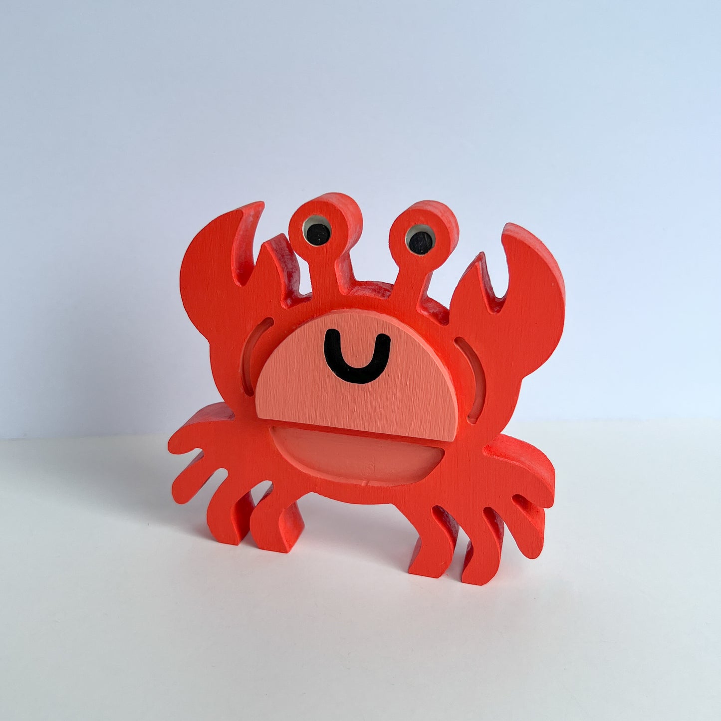 Cory the Crab Handmade Standee. Small wood crab painted orange red. Wood decor for summer themed tiered trays, mantles, bookcases, gifts.