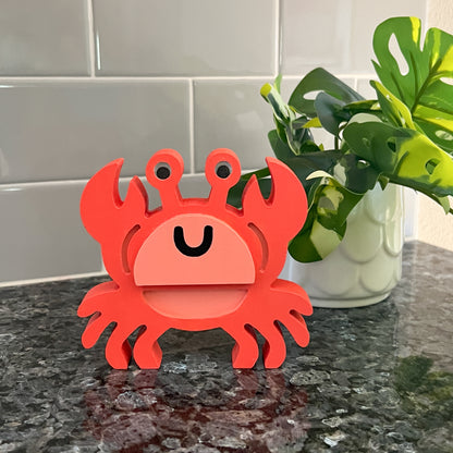 Cory the Crab Handmade Standee. Small wood crab painted orange red. Wood decor for summer themed tiered trays, mantles, bookcases, gifts.