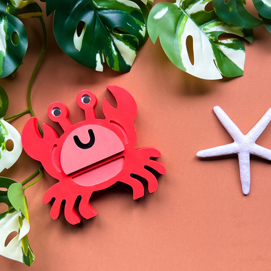 Cory the Crab Handmade Standee. Small wood crab painted orange red. Wood decor for summer themed tiered trays, mantles, bookcases, gifts.