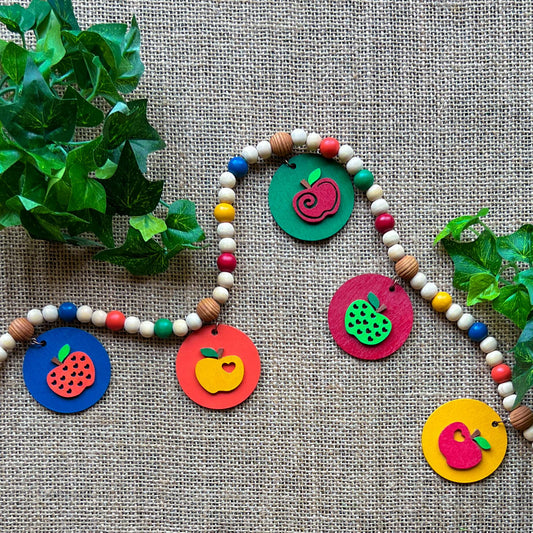 Little Apple Orchard Handmade Mini Garland. Features five apples on round circles. Fall, autumn, harvest decor or gifts.