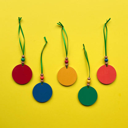 Little Apple Orchard Handmade Ornaments set of 5. Features five apples on round circles. Fall, autumn, harvest decor or gifts.