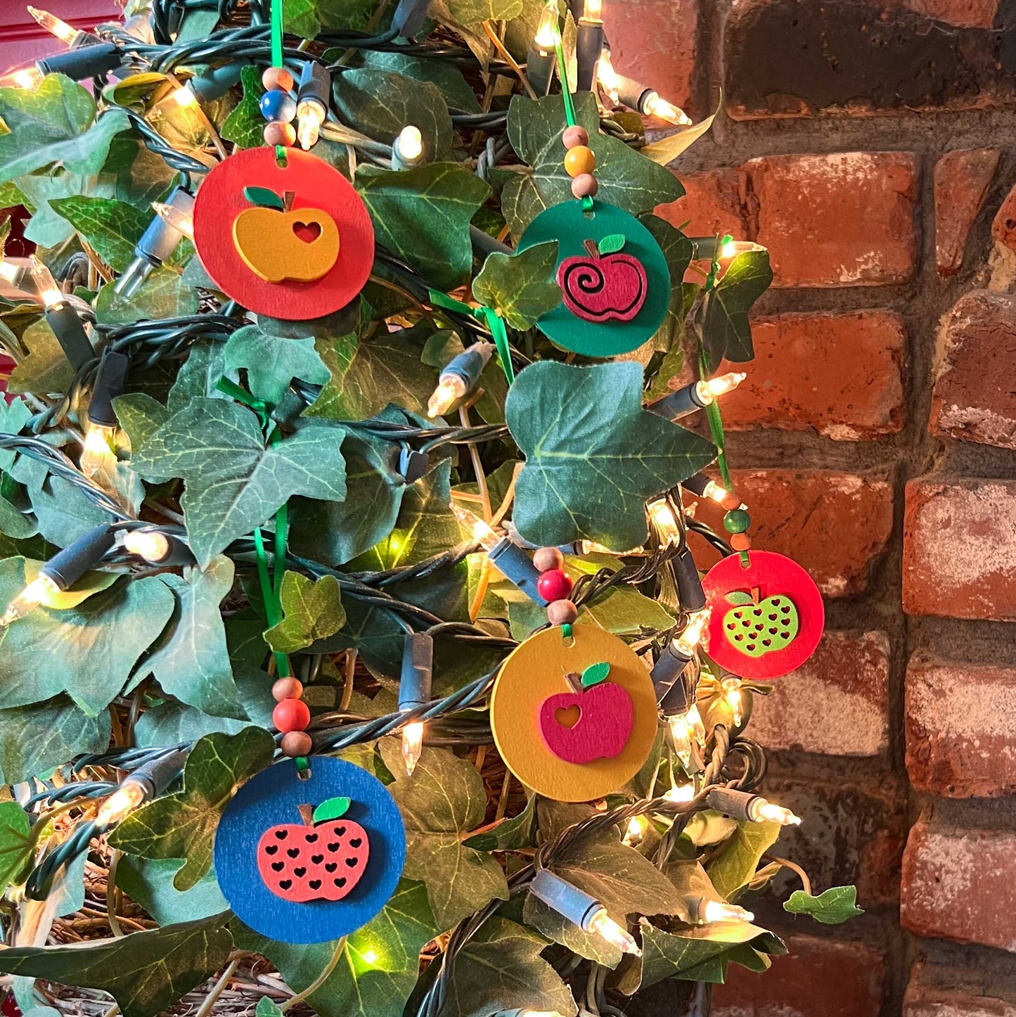 Little Apple Orchard Handmade Ornaments set of 5. Features five apples on round circles. Fall, autumn, harvest decor or gifts.