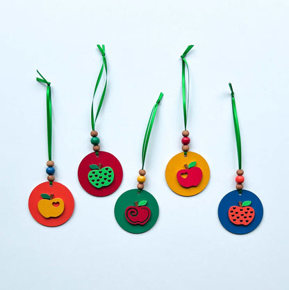 Little Apple Orchard Handmade Ornaments set of 5. Features five apples on round circles. Fall, autumn, harvest decor or gifts.