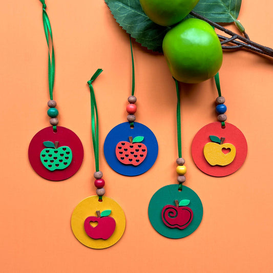 Little Apple Orchard Handmade Ornaments set of 5. Features five apples on round circles. Fall, autumn, harvest decor or gifts.