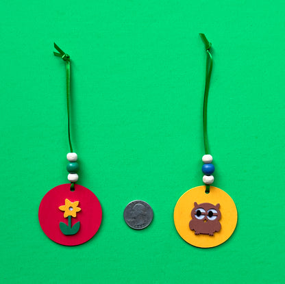 Little Nature Walk Handmade Ornament Set of 5. Ornaments feature  feature nature themed shapes - a cloud, a flower, an owl, a toadstool, or a bird.  Summer or spring decor; tree decoration.