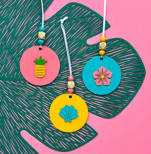 Summer Vacay Ornament Tropical Set. Wood ornaments with a pineapple, a flower, or a shell. Summer tropical decor or gift; year-round holiday tree decoration.